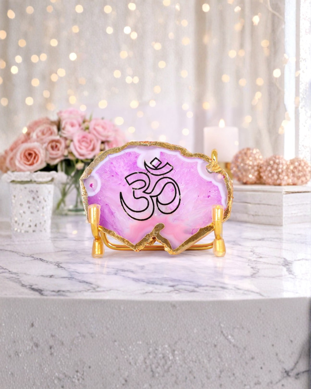 Blush Pink Aura Om Agate Stand