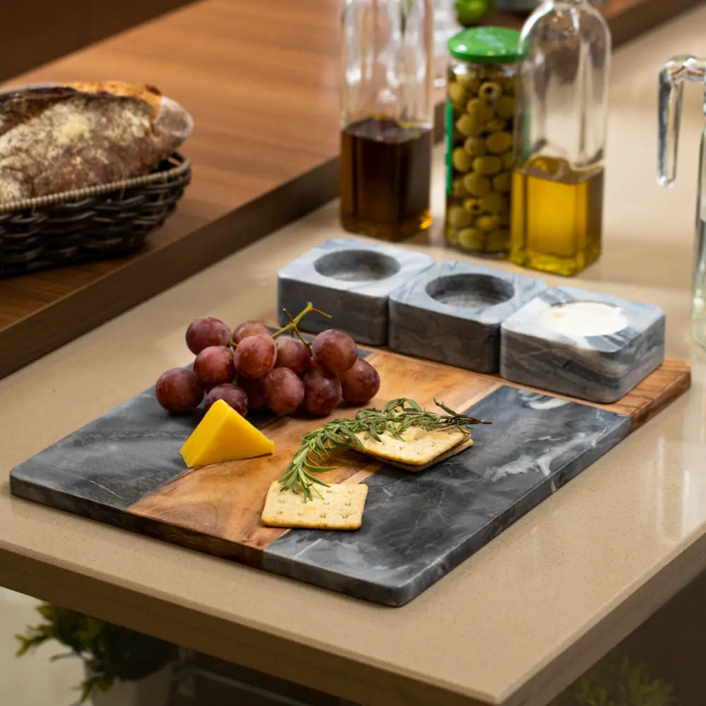 Black Marble and Wood Serving Platter