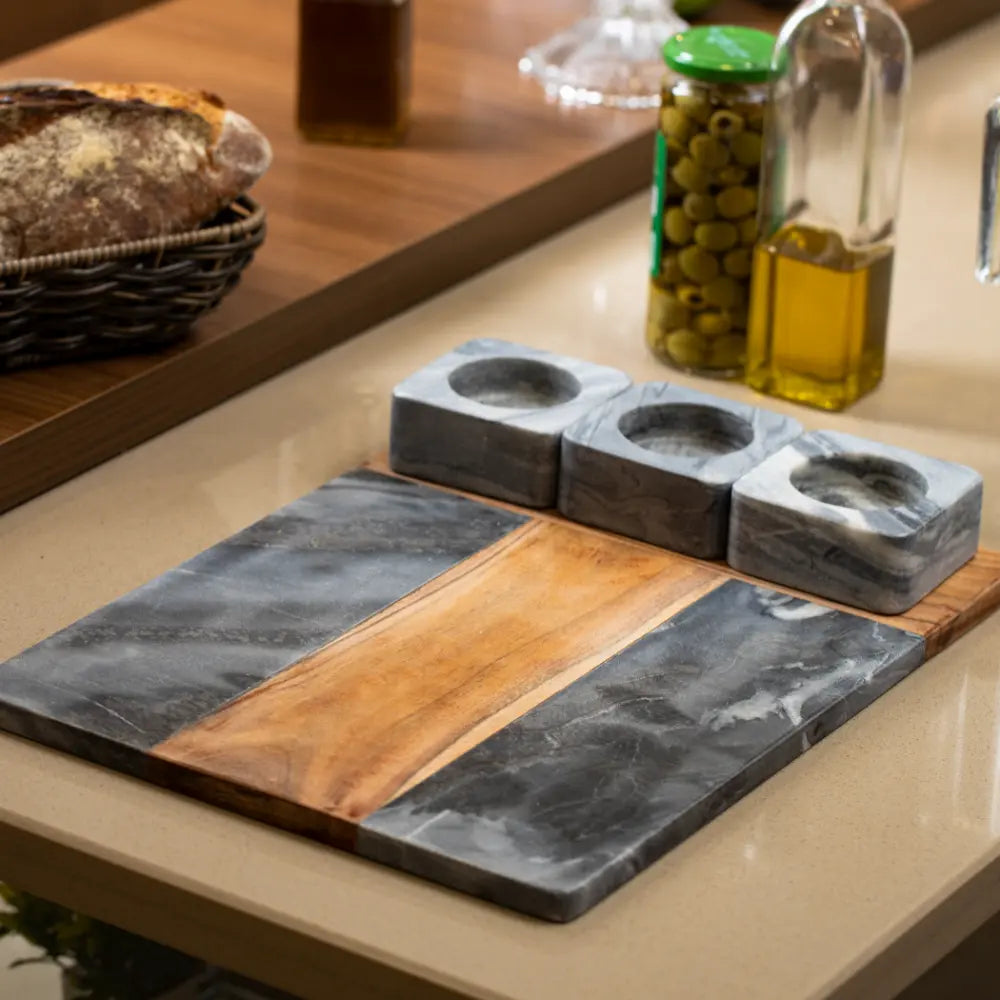 Black Marble and Wood Serving Platter