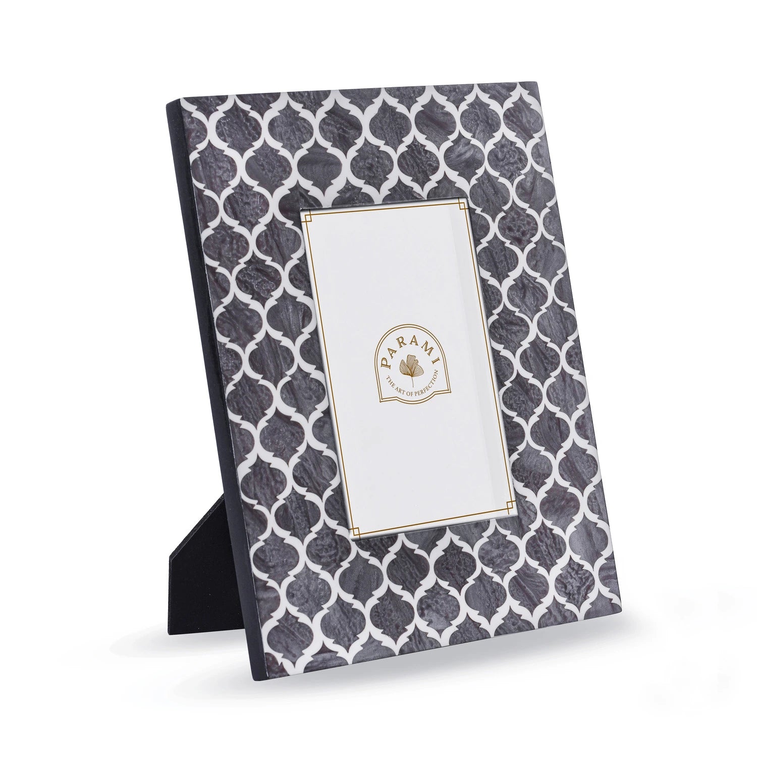 Easel back stand view of Parami grey resin decorative photo frames