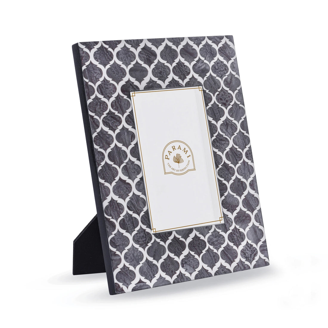 Easel back stand view of Parami grey resin decorative photo frames