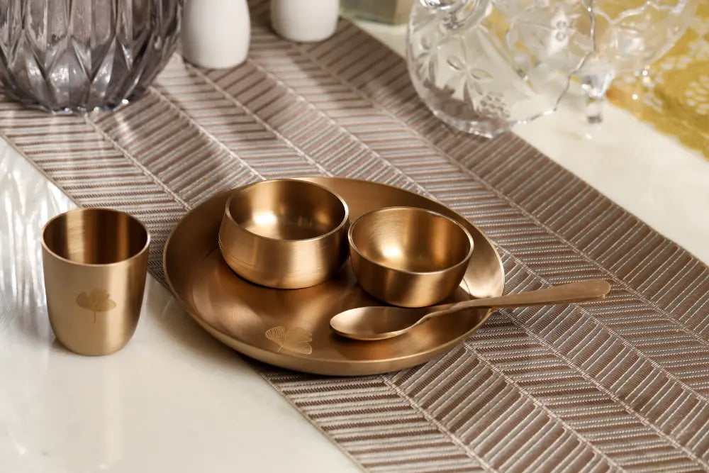 Kansa Utensils Handcrafted Kansa Mini Plate Set with traditional dining accessories by Parami