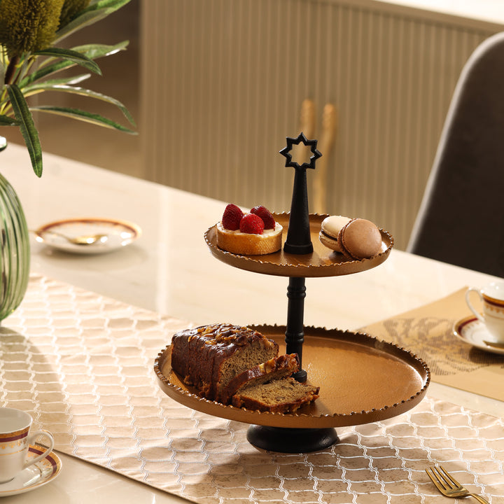 Parami two tier cake display stand styled as an elegant cake stands with desserts on a dining table
