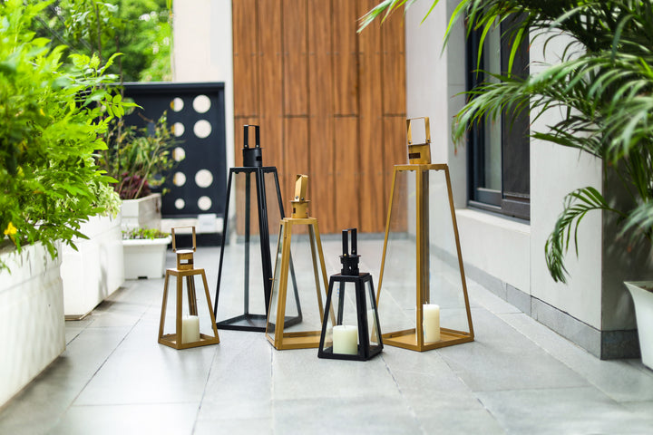 Golden Pyramid decorative lanterns arranged for outdoor and patio decor styling by Parami