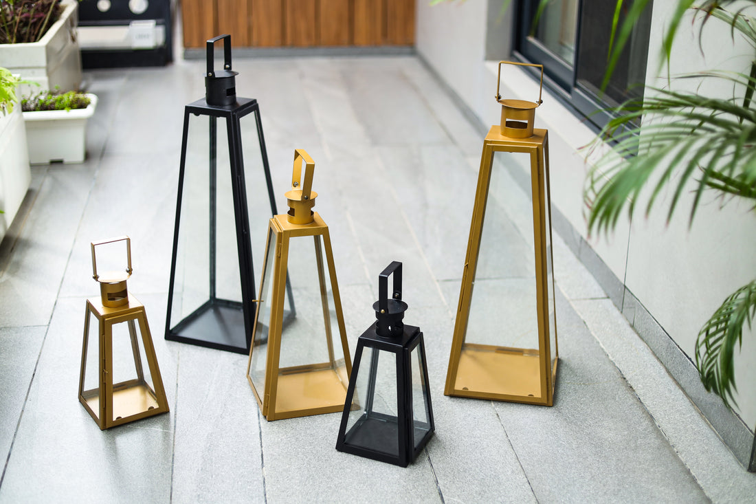Golden Pyramid decorative lanterns for modern patio and outdoor decor by Parami
