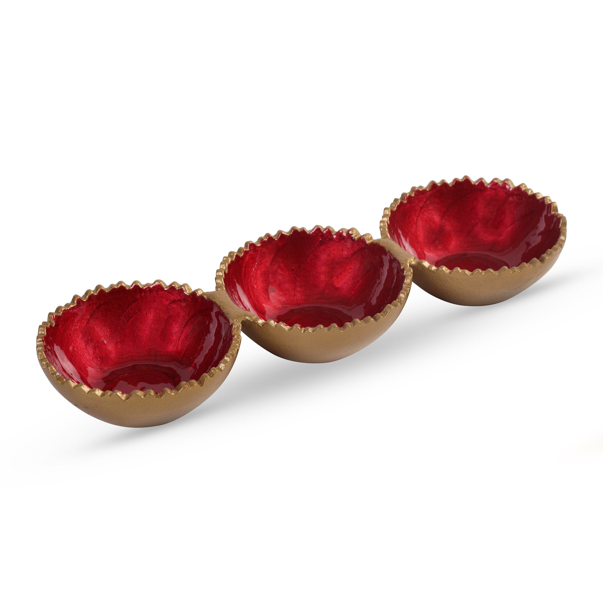 Serving bowl set angled view with textured red ripple design by Parami