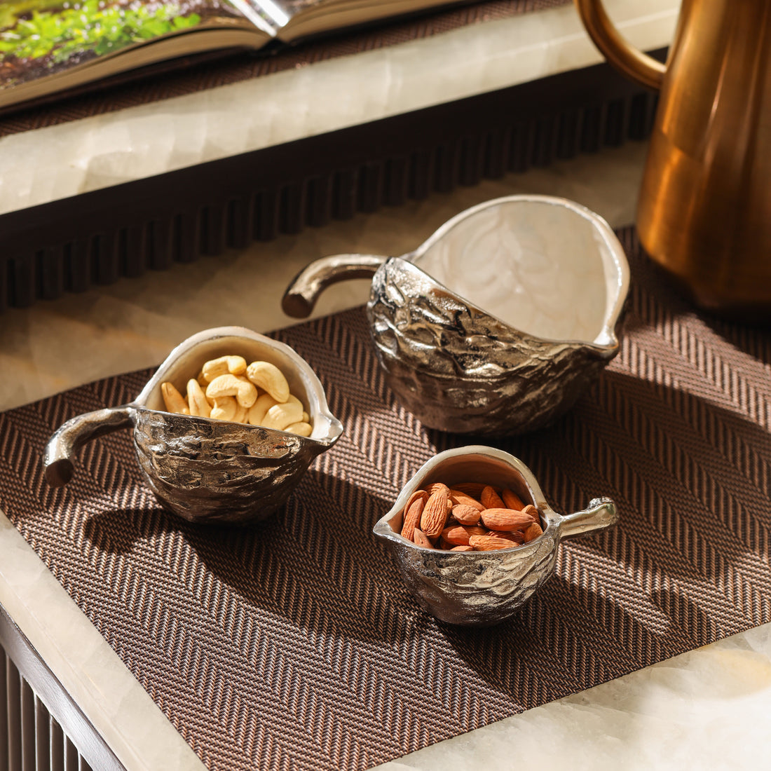 Silver serving bowl set for elegant table decor by Parami