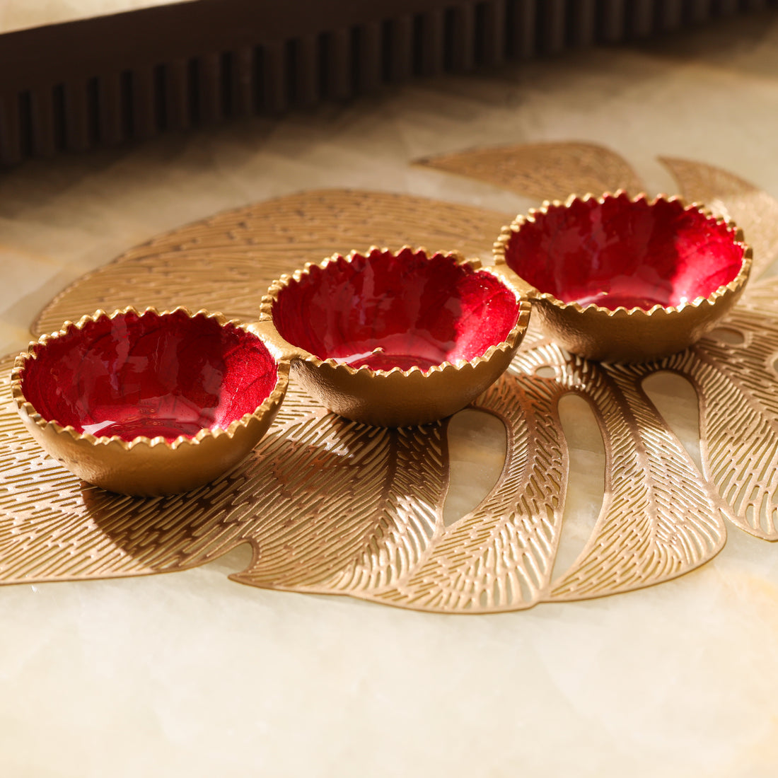 Decorative serving bowl set with red interior for table decor by Parami